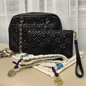 Tory Burch Black Quilted Chain Crossbody Bag Bundle w/ Black Quilted Wristlet
